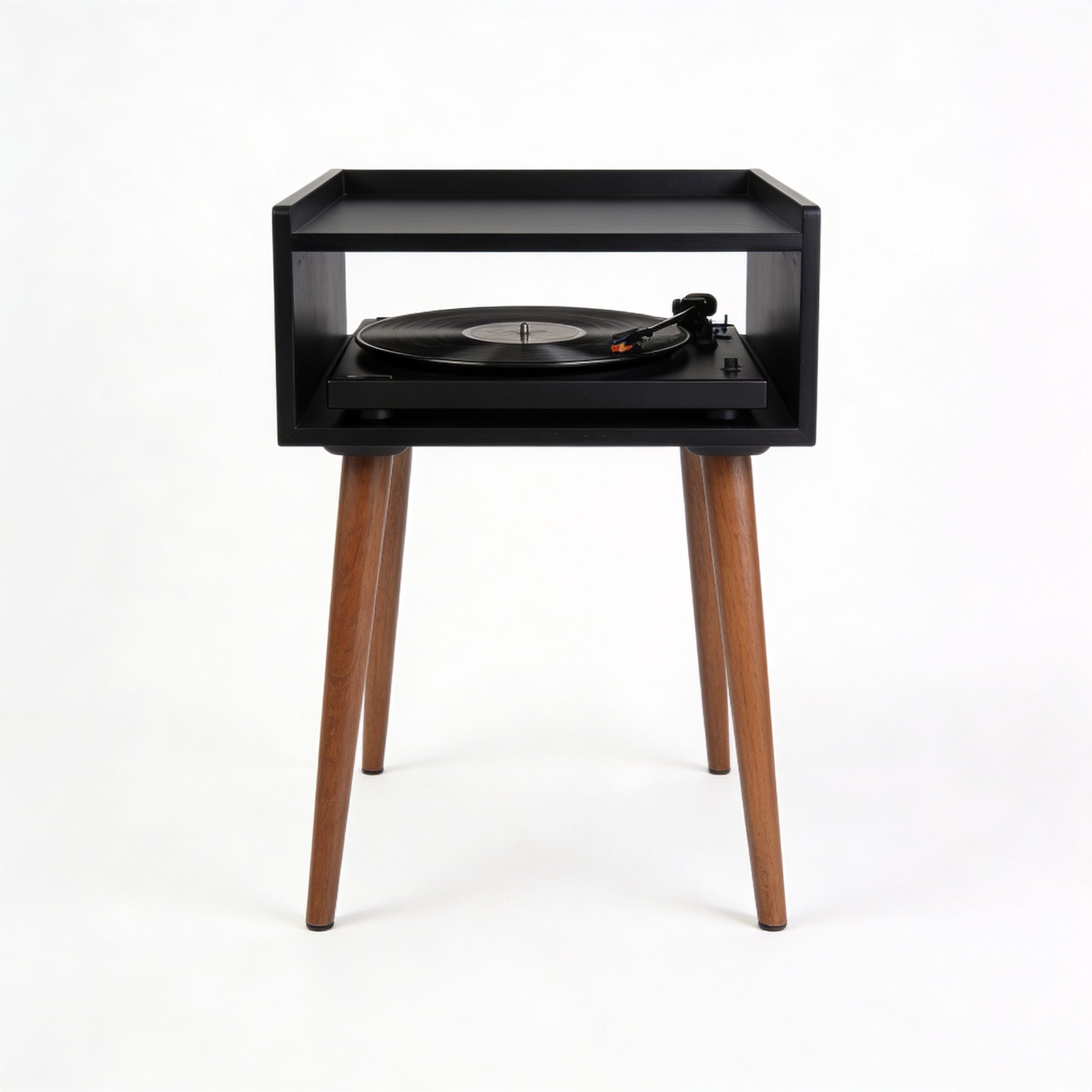 Furnlivoq.com Адказ GeminiMobile Porta Giradischi, Tavolino per Vinili in Stile Mid-Century con Gambe in Legno e Spazio per un Massimo di 160 Album, Mobiletto Scaffale Porta Dischi, Nero