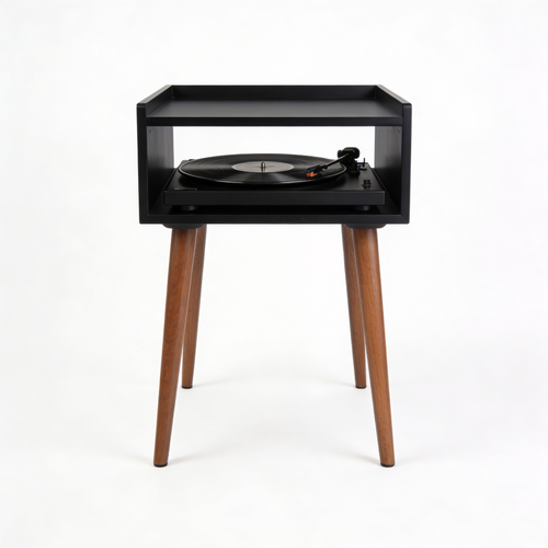 Furnlivoq.com Адказ GeminiMobile Porta Giradischi, Tavolino per Vinili in Stile Mid-Century con Gambe in Legno e Spazio per un Massimo di 160 Album, Mobiletto Scaffale Porta Dischi, Nero