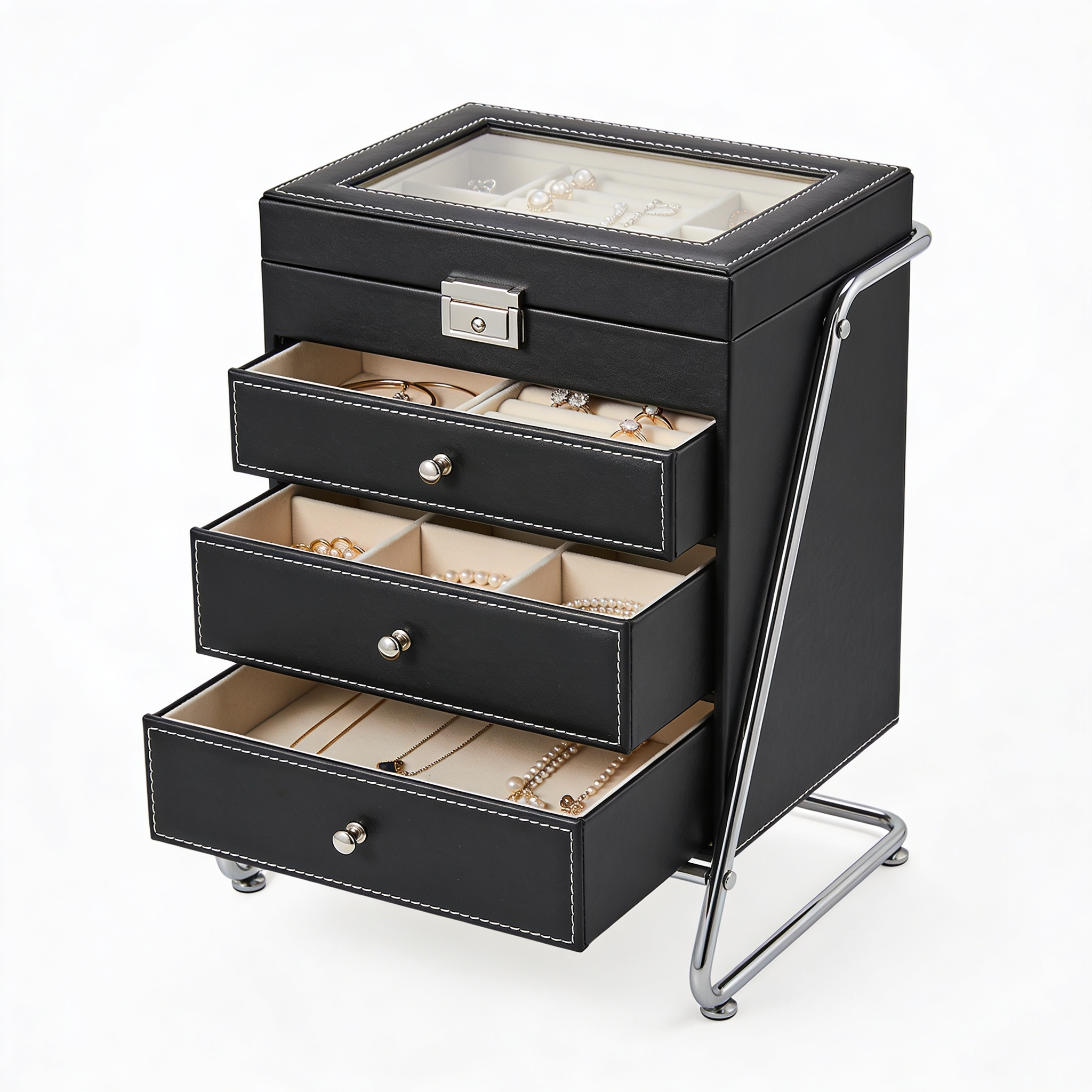 Furnlivoq.com Portagioie Grande da Donna a 4 Livelli in Pregiata Pelle Sintetica con 2 Cassetti, Organizer Salvaspazio, Supporto in Metallo Rimovibile, Idea Regalo, Moderno (Nero
