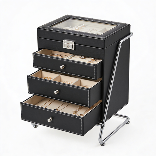 Furnlivoq.com Portagioie Grande da Donna a 4 Livelli in Pregiata Pelle Sintetica con 2 Cassetti, Organizer Salvaspazio, Supporto in Metallo Rimovibile, Idea Regalo, Moderno (Nero