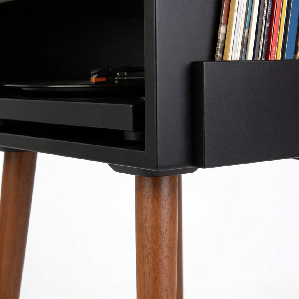 Furnlivoq.com Адказ GeminiMobile Porta Giradischi, Tavolino per Vinili in Stile Mid-Century con Gambe in Legno e Spazio per un Massimo di 160 Album, Mobiletto Scaffale Porta Dischi, Nero