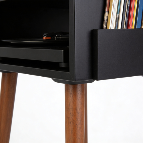Furnlivoq.com Адказ GeminiMobile Porta Giradischi, Tavolino per Vinili in Stile Mid-Century con Gambe in Legno e Spazio per un Massimo di 160 Album, Mobiletto Scaffale Porta Dischi, Nero