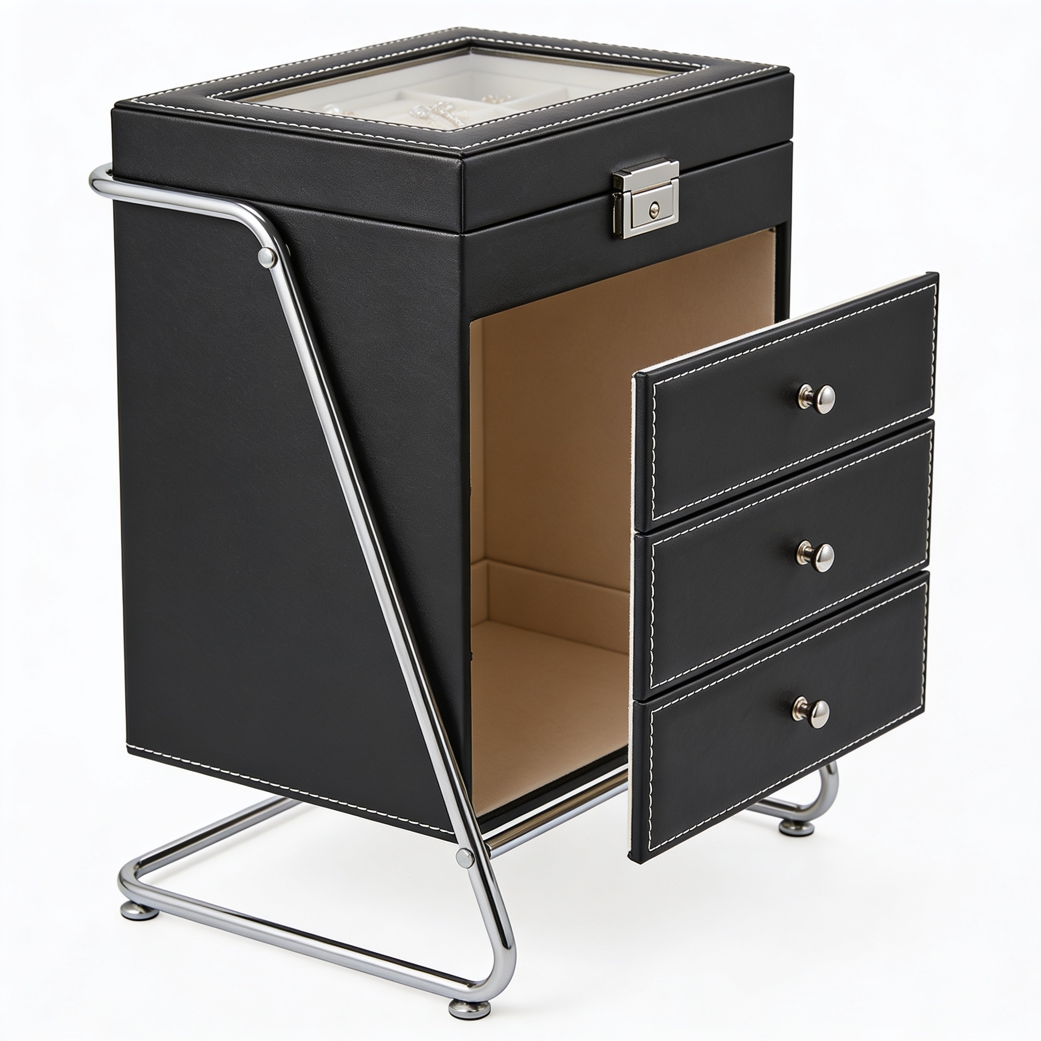 Furnlivoq.com Portagioie Grande da Donna a 4 Livelli in Pregiata Pelle Sintetica con 2 Cassetti, Organizer Salvaspazio, Supporto in Metallo Rimovibile, Idea Regalo, Moderno (Nero